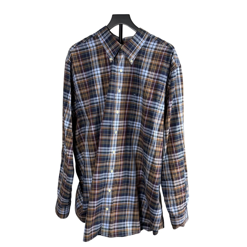 Oak Hill Mens 2XLT Plaid Button Down Shirt Wrinkle Free Cool Dry Brown Blue Tall